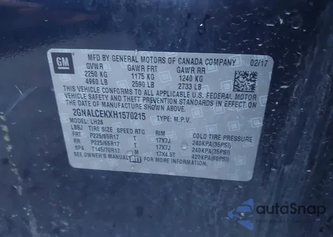 2017 Chevrolet Equinox Lt из США, поврежденный, VIN 2GNALCEKXH1570215